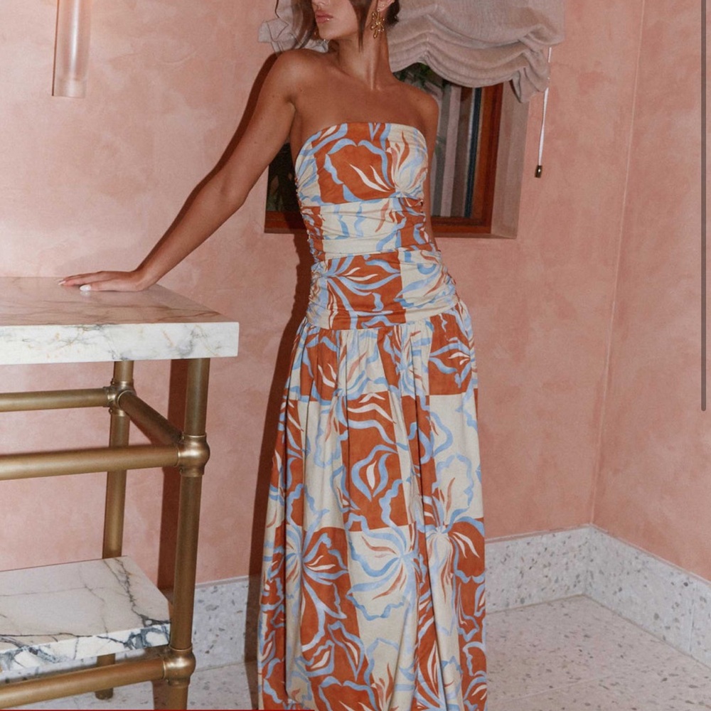 Peppermayo Camel Maxi Dress in Orange Blue Floral